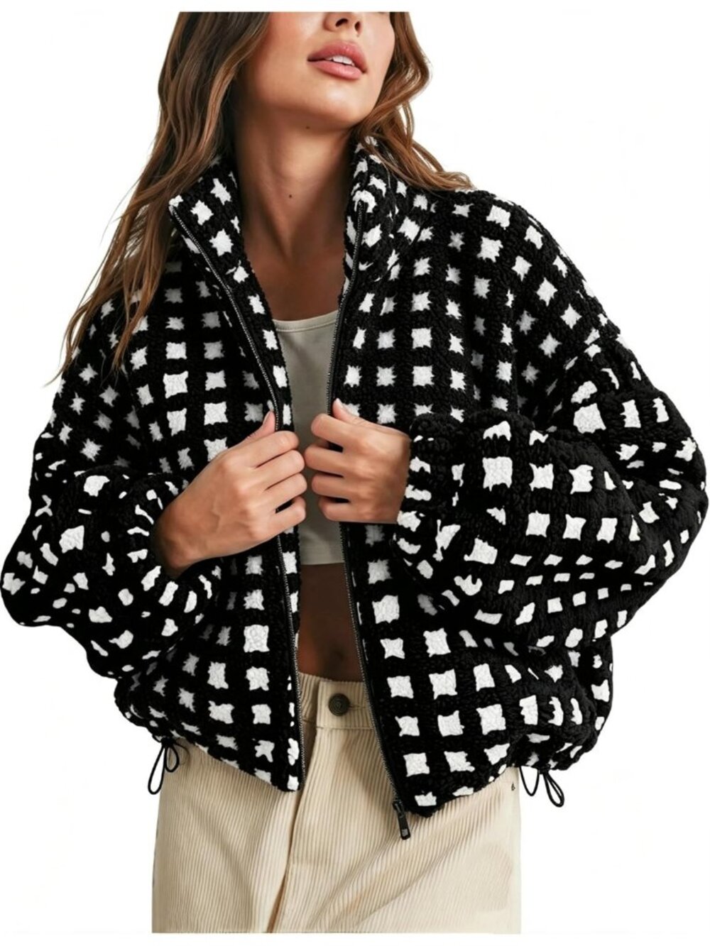 Women's Black Long Sleeve Fuzzy Zip Up Warm Coat Pockets Sherpa Fleece Jacket